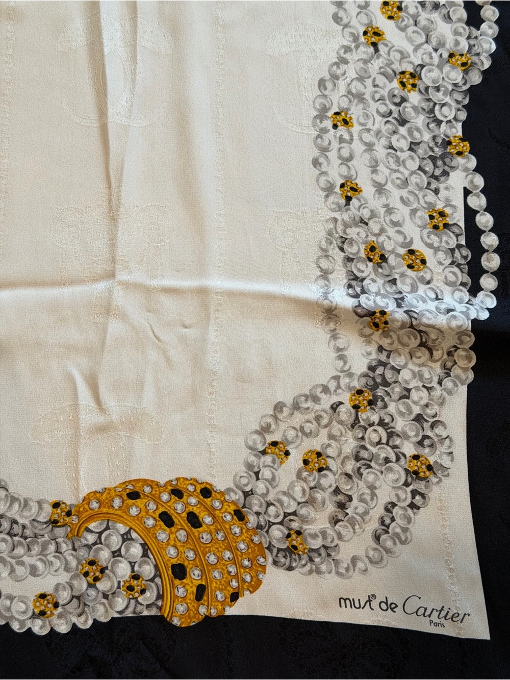 Cartier Silk Scarf in Black, White & Gold with Leopard Motif - Picture 4 of 5